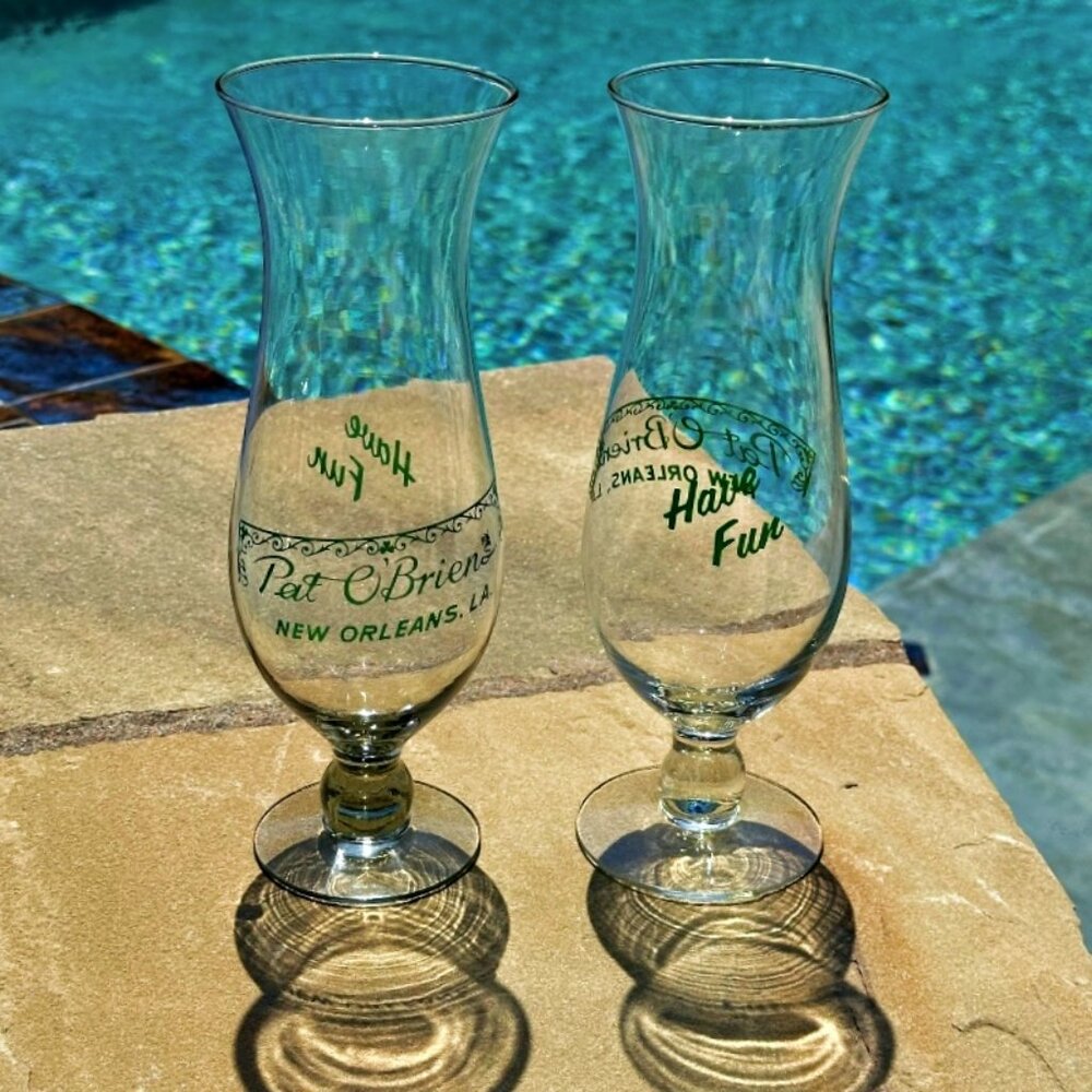 Vintage Pair Pat O'Brien's New Orleans Stemmed Hurricane Glasses 10" HAVE FUN